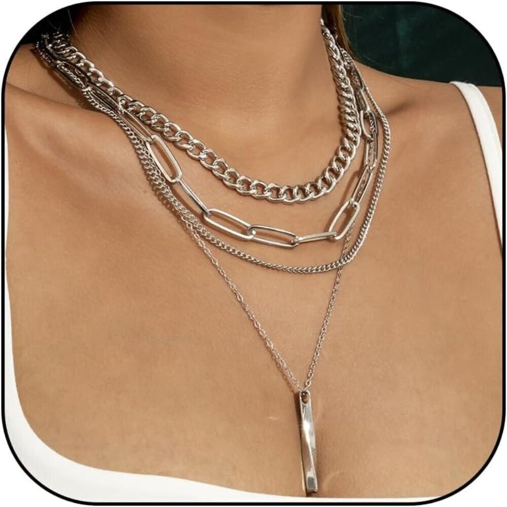 🆕 Women Silver Trendy Chunky Necklace Stack Multilayered Bar Pendant Jewelry